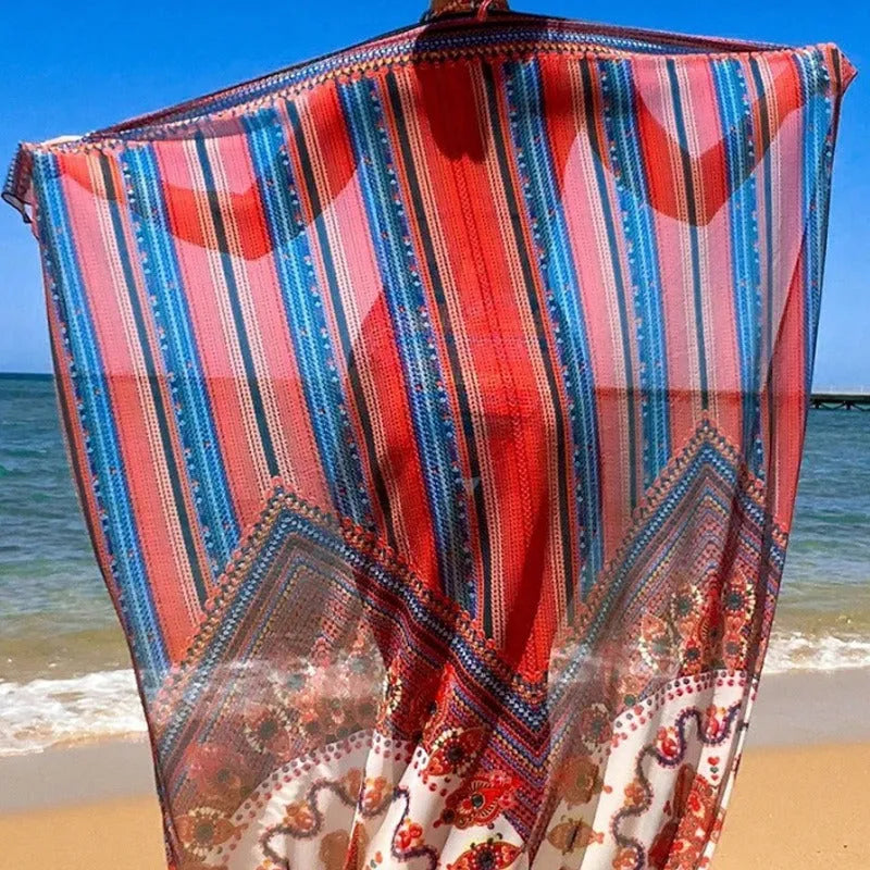 Women's three-piece swimsuit set showing high-waist briefs, cutout sleeveless blouse, and a coat.