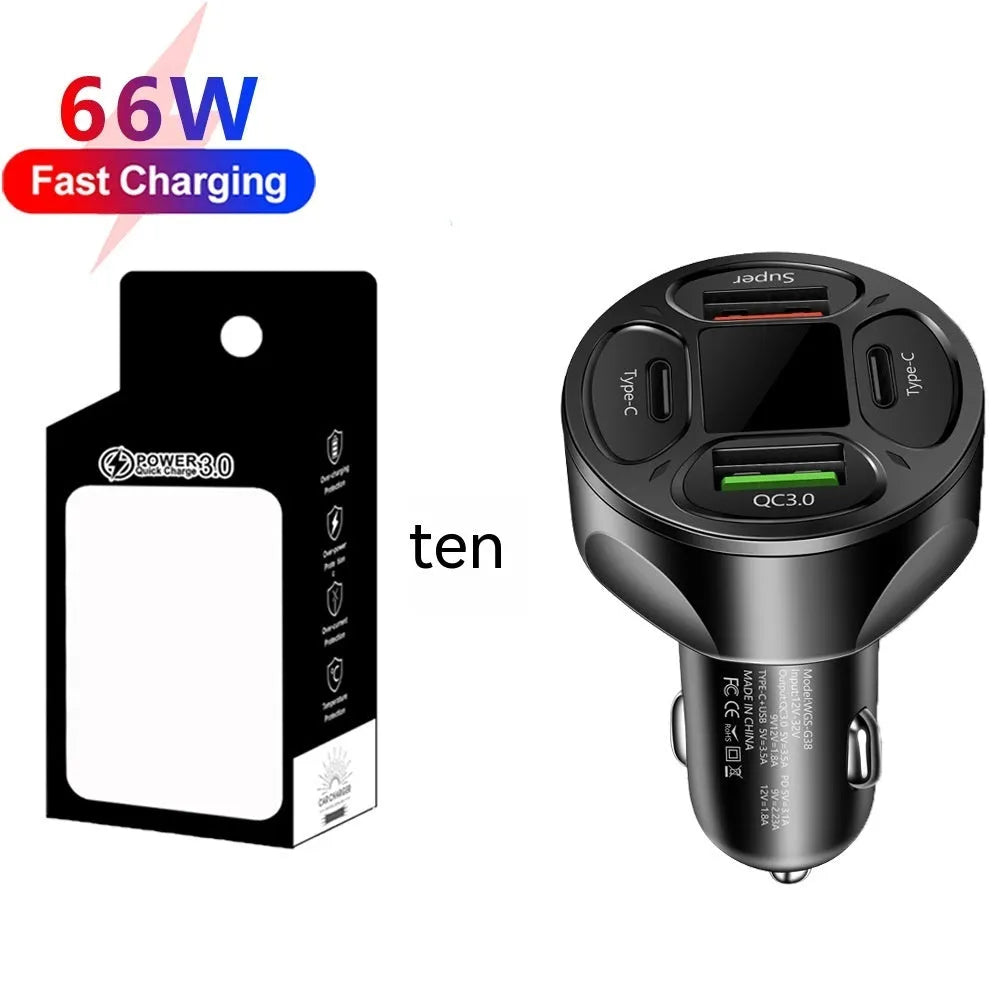 66W car charger with digital display showing 2 USB ports and 2 Type-C ports for vehicle charging