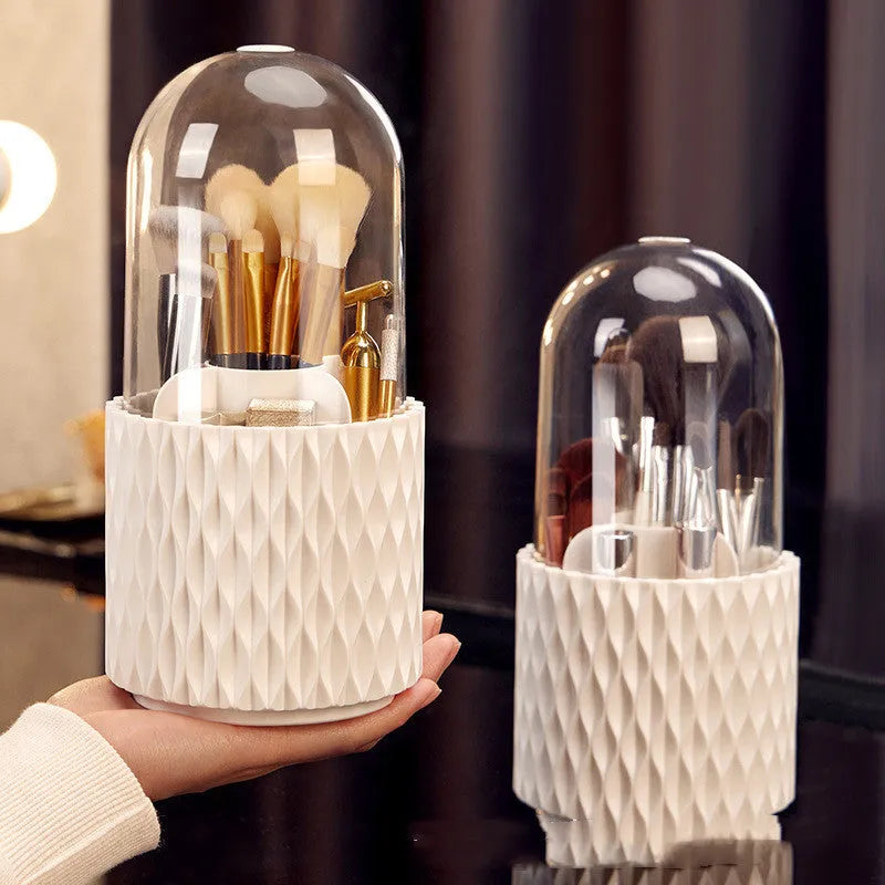 White rotating acrylic makeup brush storage box with transparent lid and split compartments