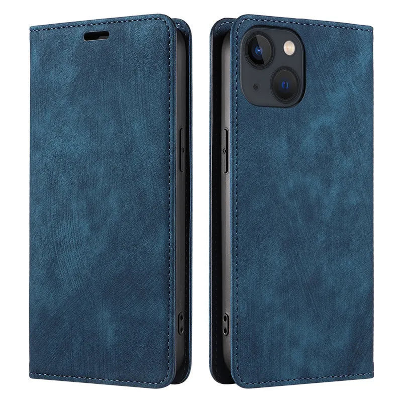 Magnetic flip phone case for iPhone in various colours showing TPU and leather construction