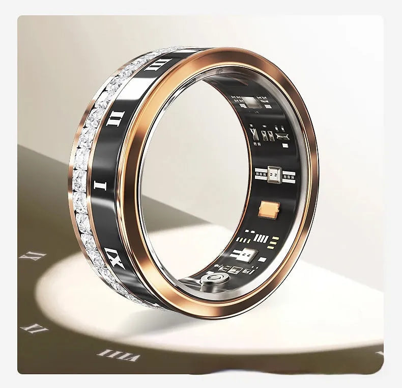 Silver and gold smart ring with diamond inlay showing blood oxygen monitoring technology