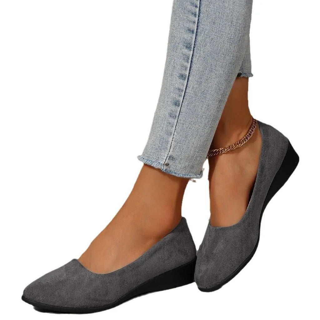Women's pointed toe wedge pumps with shallow mouth design in suede upper and rubber sole
