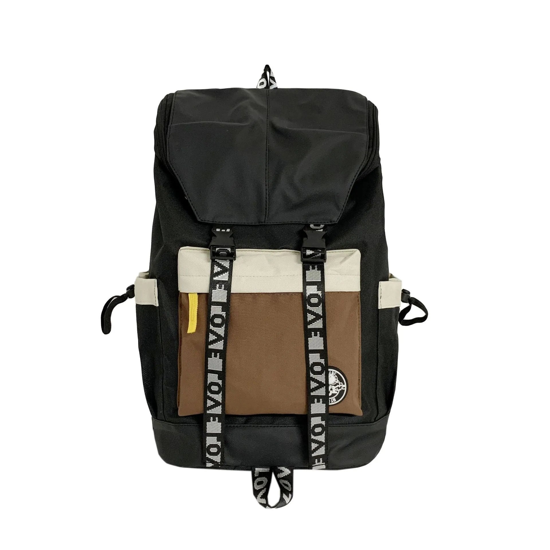 Oxford cloth backpack in black, green, or red with adjustable carrying straps.