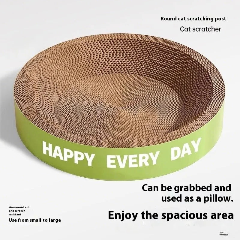 Green round cat scratching board nest with sisal surface and raised bed in 50cm size.