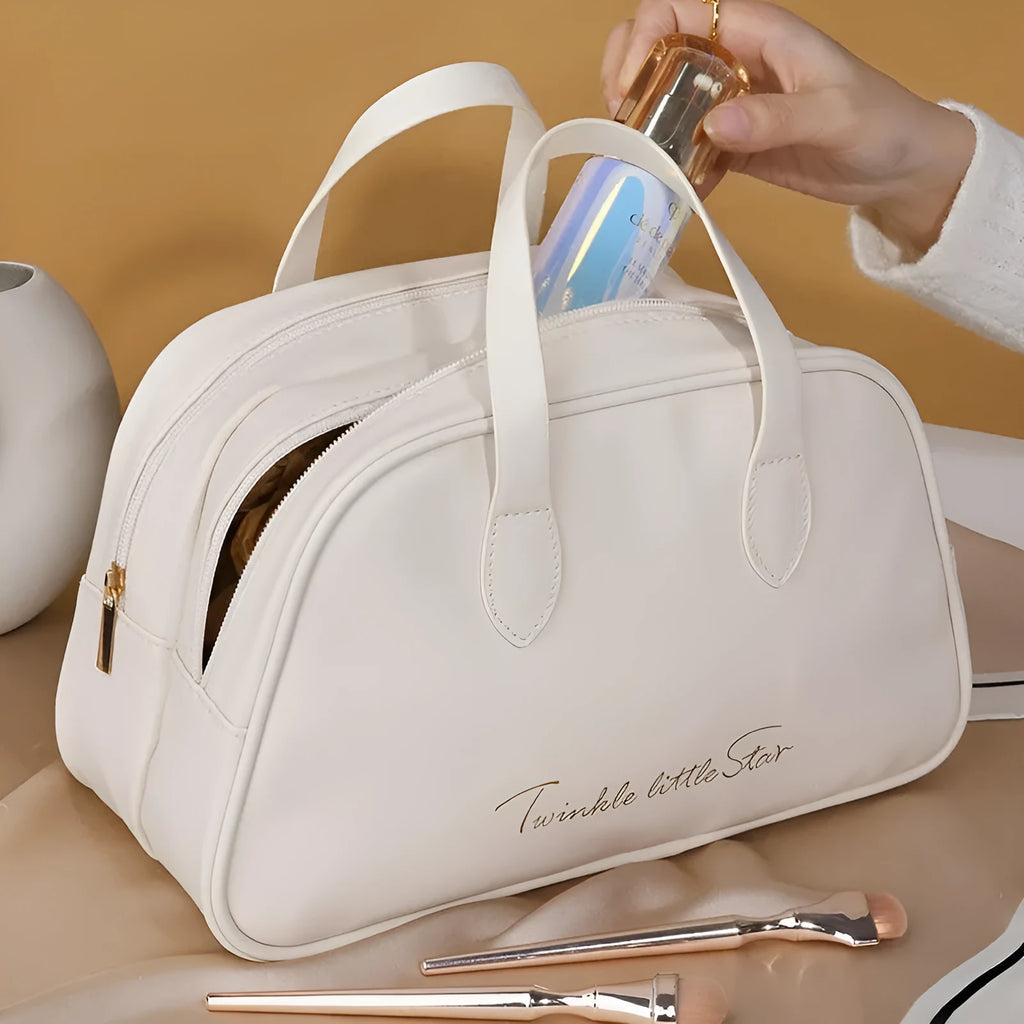 Large capacity caramel mocha PU leather toiletry bag with double layer waterproof design and wet dry separation for travel makeup storage