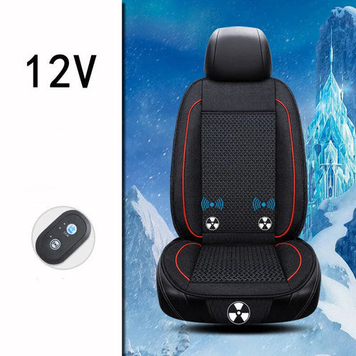 Black car ventilation seat cushion measuring 60cm square with power cord