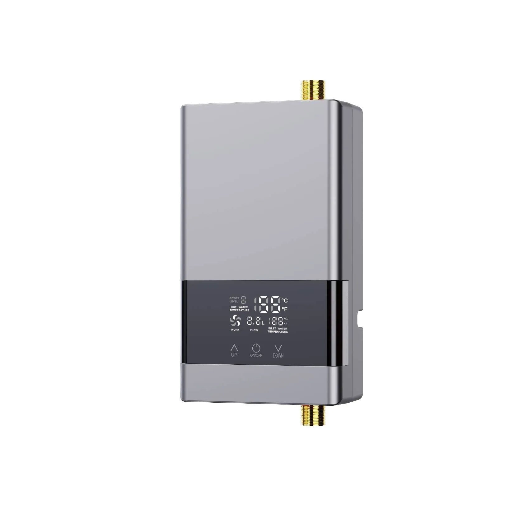 Small constant temperature water heater with LED touch screen display in gold, silver, or white finish