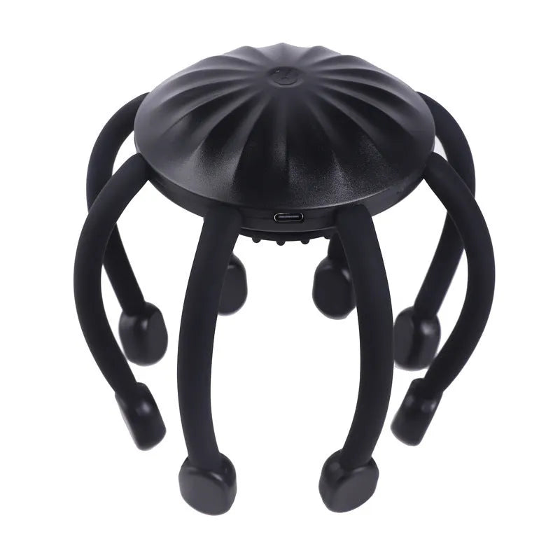 Black USB-powered head massager with multiple claws for scalp vibration and relaxation