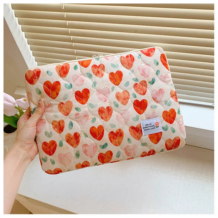 Women's floral cloth laptop bag in green flower, red heart, pink flower, or red flower patterns