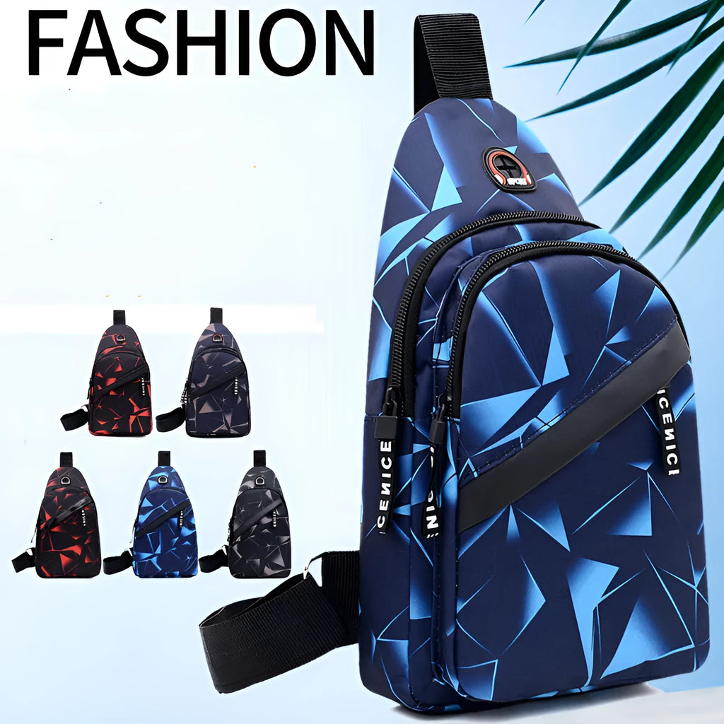 Men's Oxford cloth sling chest bag with earphone hole showing crossbody strap and zipper closure