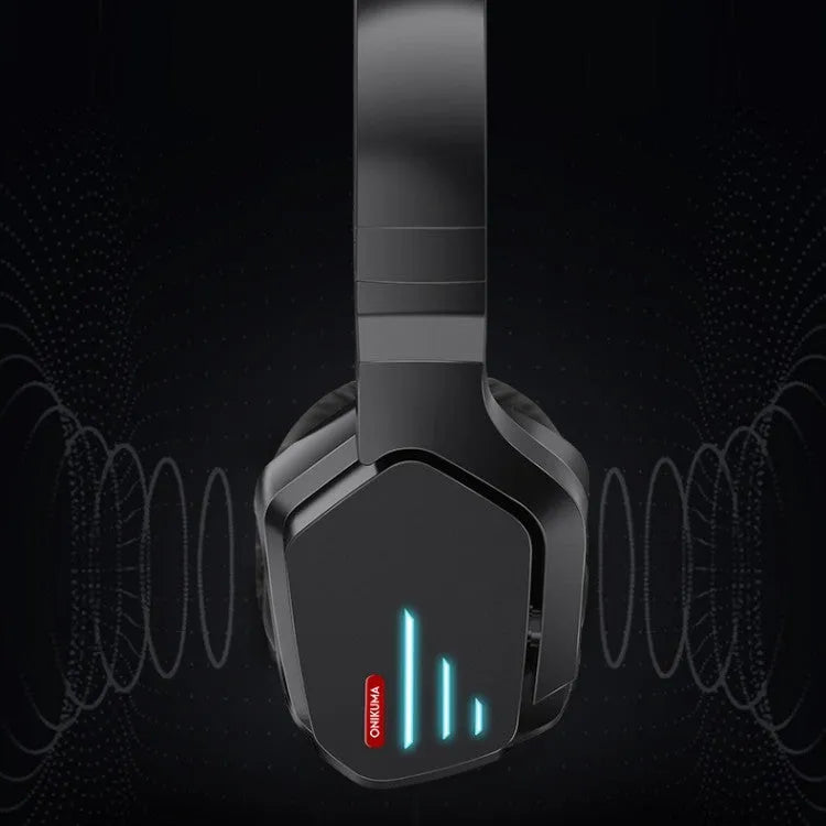 Luminous black wireless gaming headphones with over-ear design showing head-mounted construction