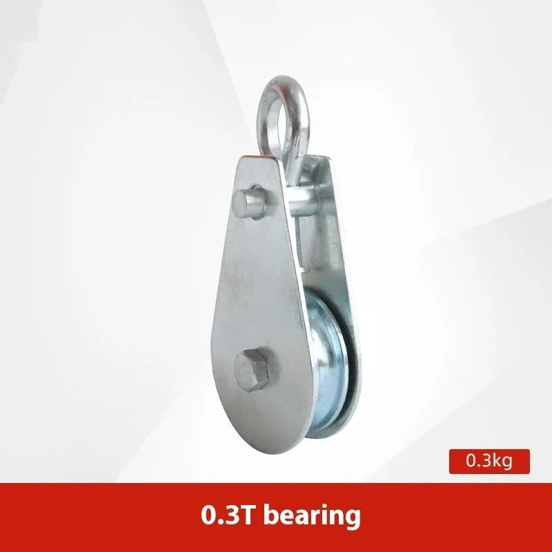 Red forged steel lifting pulley with a safety latch on the hook, for industrial wire rope use.