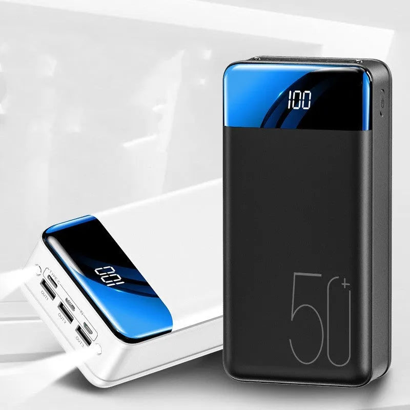 Large black or white 50000mAh power bank with three charging ports showing dimensions 169x83x52mm