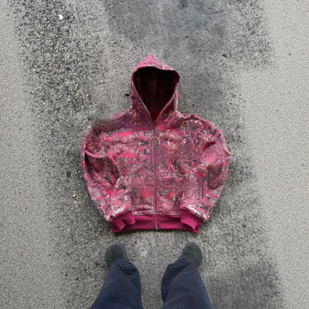 Men's loose hooded coat in red with digital printing youth casual style for autumn leisure wear