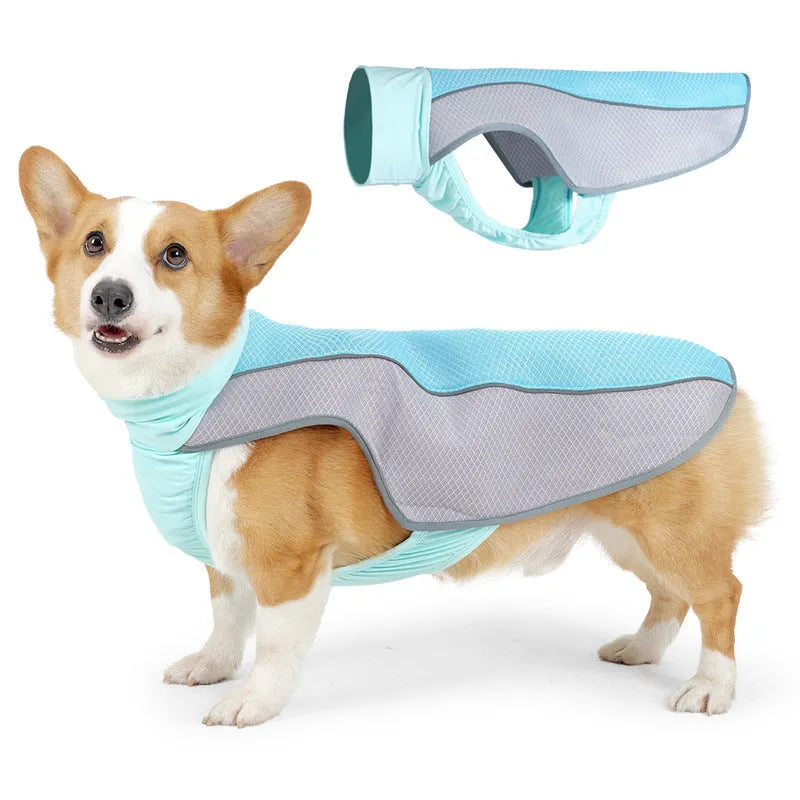 Polyester dog cooling vest in lake blue colour showing breathable fabric construction