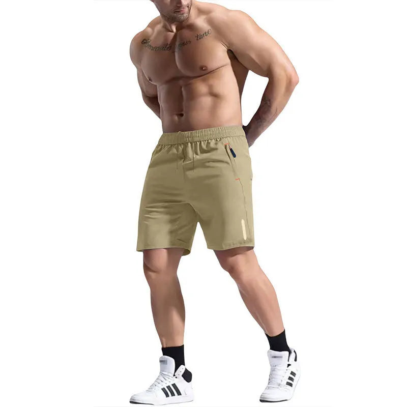 Men's grey elastic waist sports shorts made from bamboo blend fabric on a plain background.