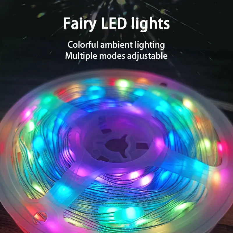 10-metre LED party light string with 100 multi-colour bulbs showing multiple lighting modes