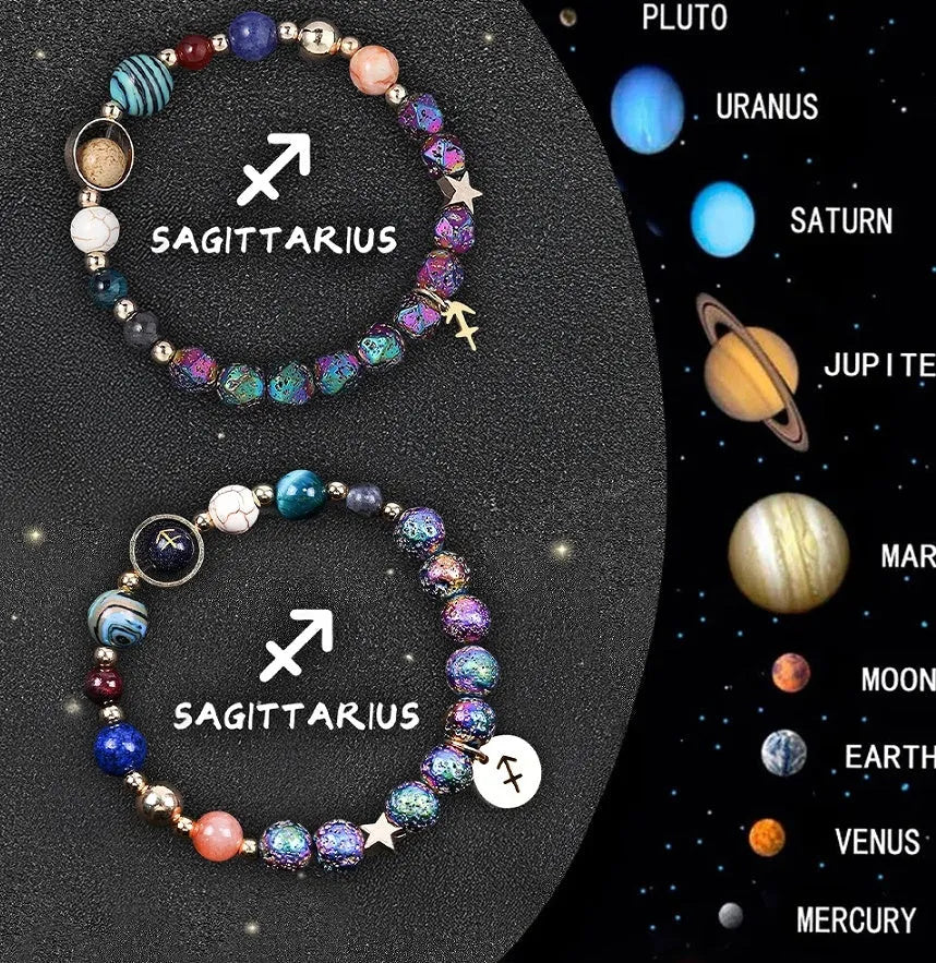 Set of two natural stone beaded bracelets with metal zodiac charms on an elastic cord.