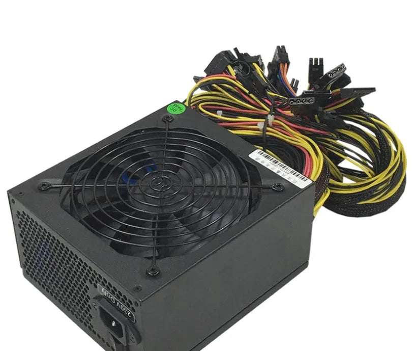 Black server power supply unit with multiple cable connectors including twelve 6+2 pin graphics card ports.
