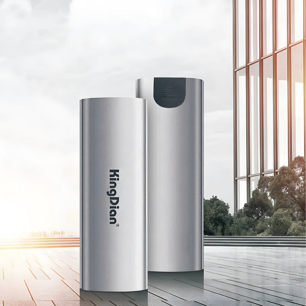 Grey aluminium mobile solid state drive with USB 3.0 connector for phone storage expansion.