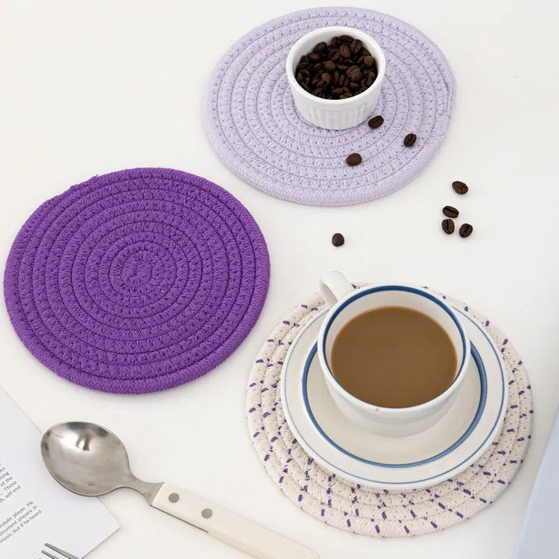 Round cotton cord coaster placemat set in modern design with 18cm diameter measurement