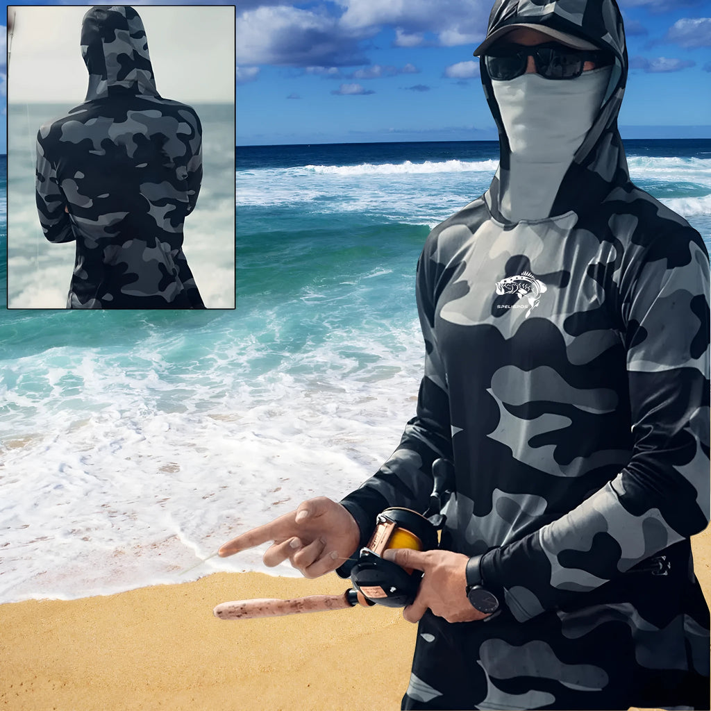 Huk Pursuit men's grey long sleeve fishing hoodie showing mesh side panels and crew neck.