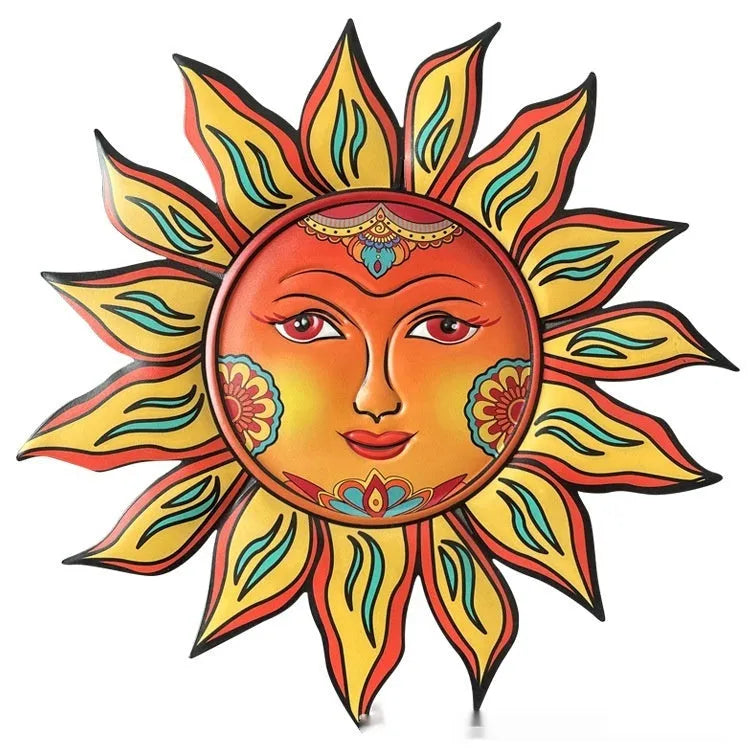 Iron sun face metal wall hanging decorative craft in gold, silver, and bronze colour finishes.