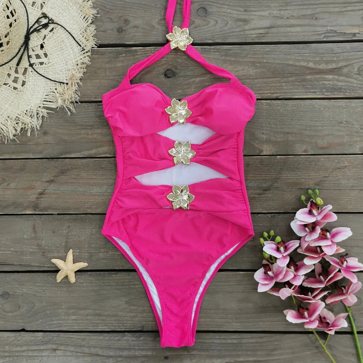 Solid colour high-waisted one-piece swimsuit for women with a separate matching short skirt.