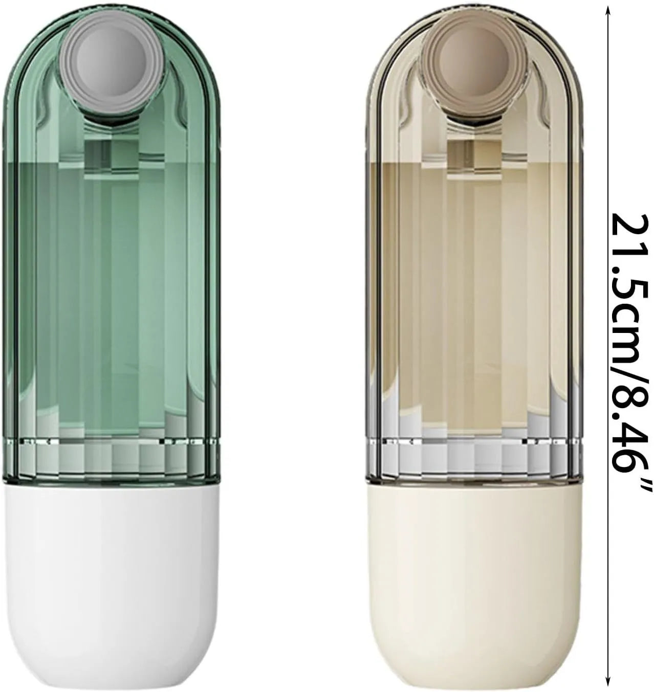 Beige foldable dog water bottle and food dispenser with tray, shown next to a dog on a walk.