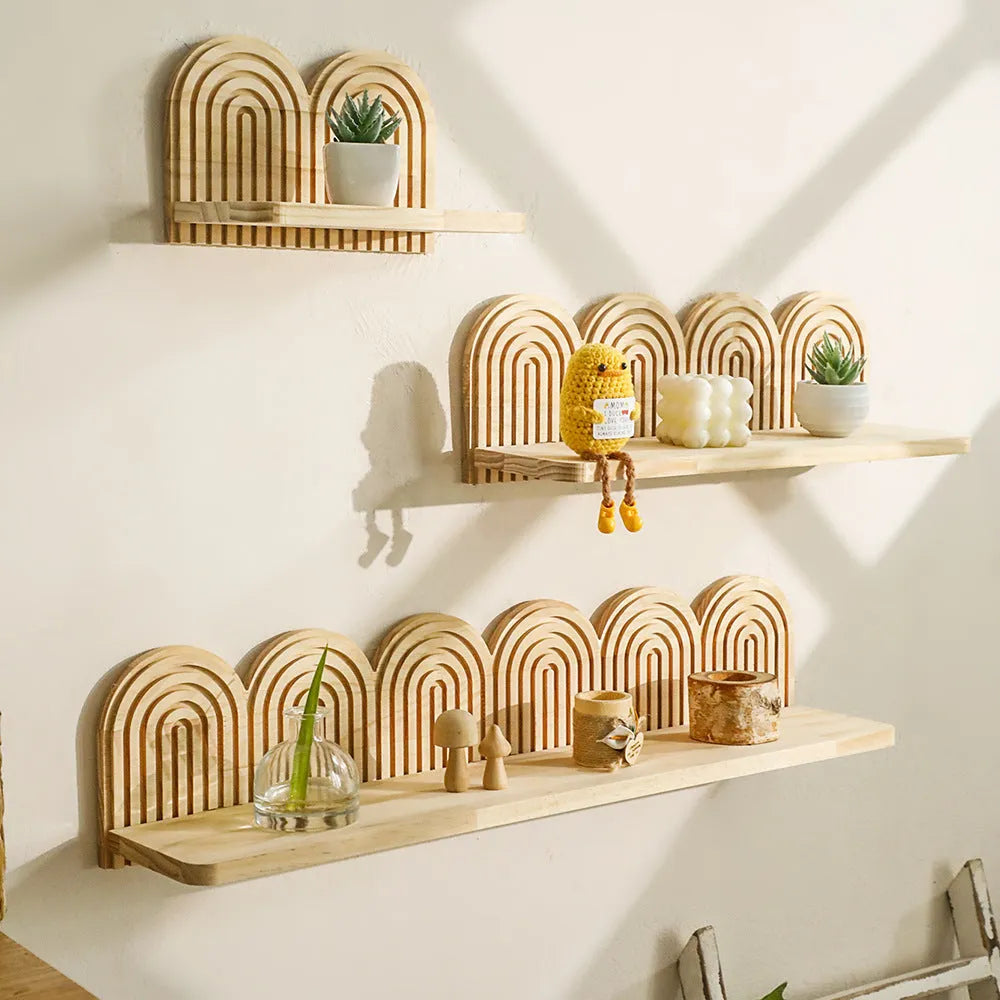 Solid wood wall-mounted flower pot storage rack with multiple shelf layers for plant organisation