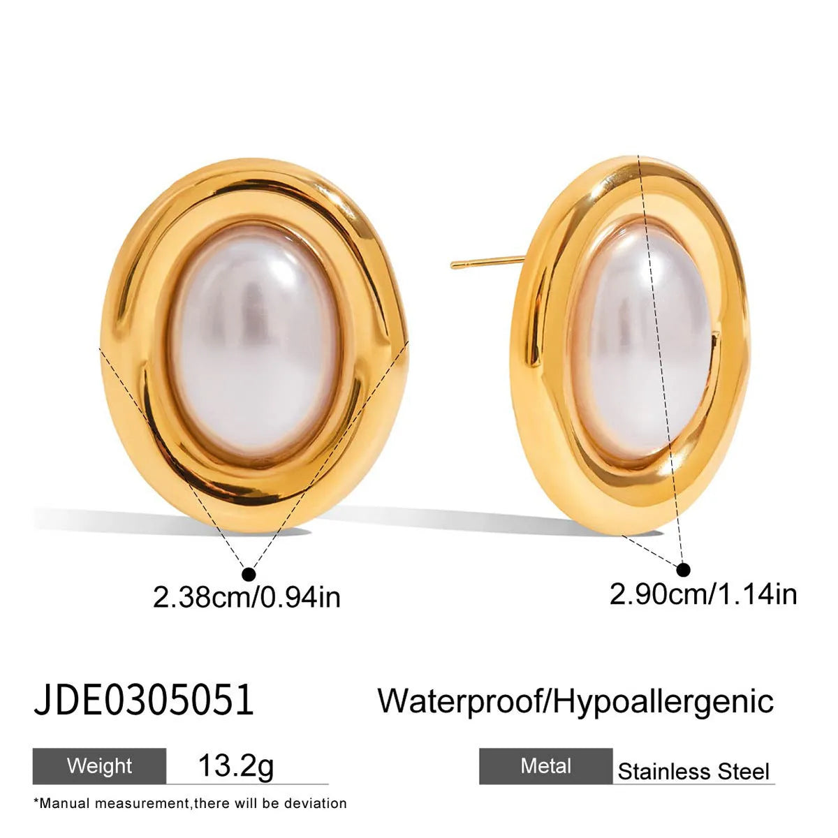 A pair of stainless steel stud earrings for women featuring a single vintage pearl, with butterfly clutch backings visible.