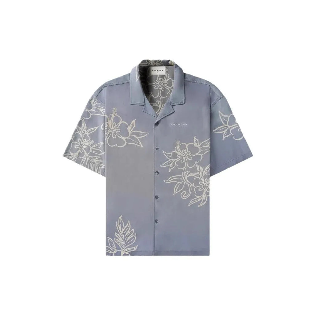 Men's loose fitting short sleeve top with floral print pattern in lightweight polyester fabric