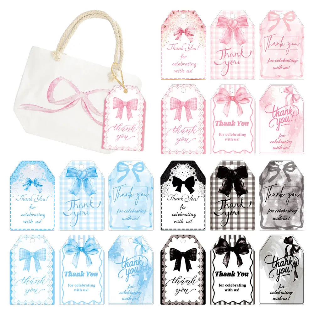 60 paper birthday gift tags with natural jute twine in three decorative bowknot styles