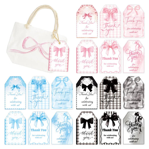 60 paper birthday gift tags with natural jute twine in three decorative bowknot styles