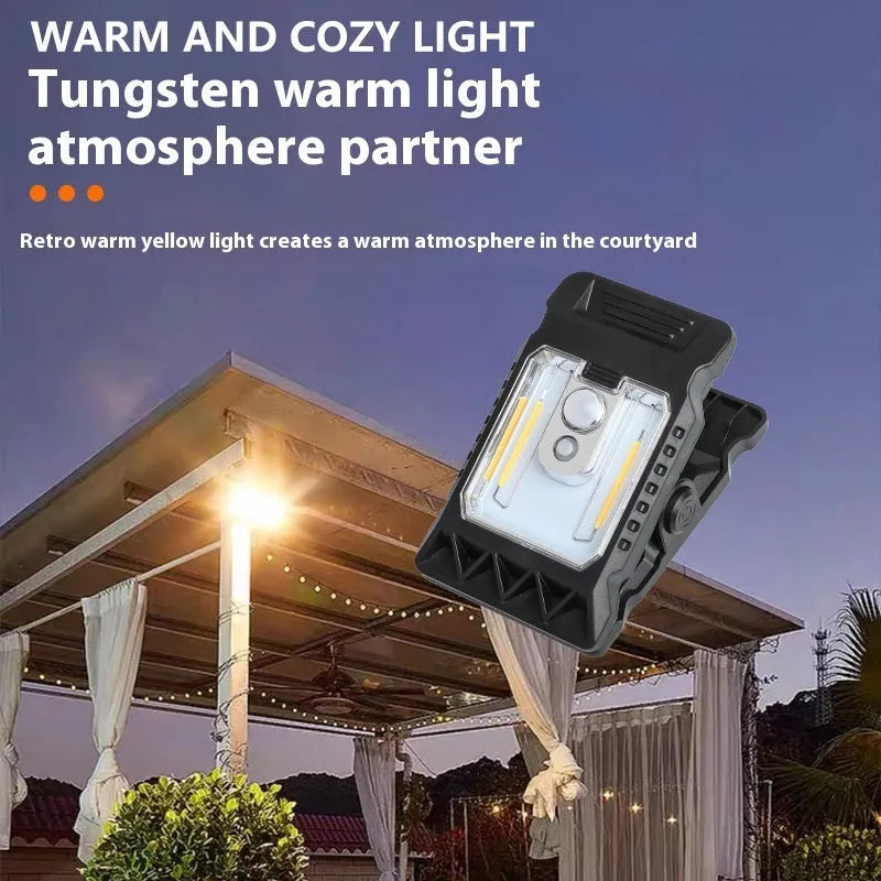 White ABS plastic clip lamp with motion sensor and LED light, shown with dimensions.