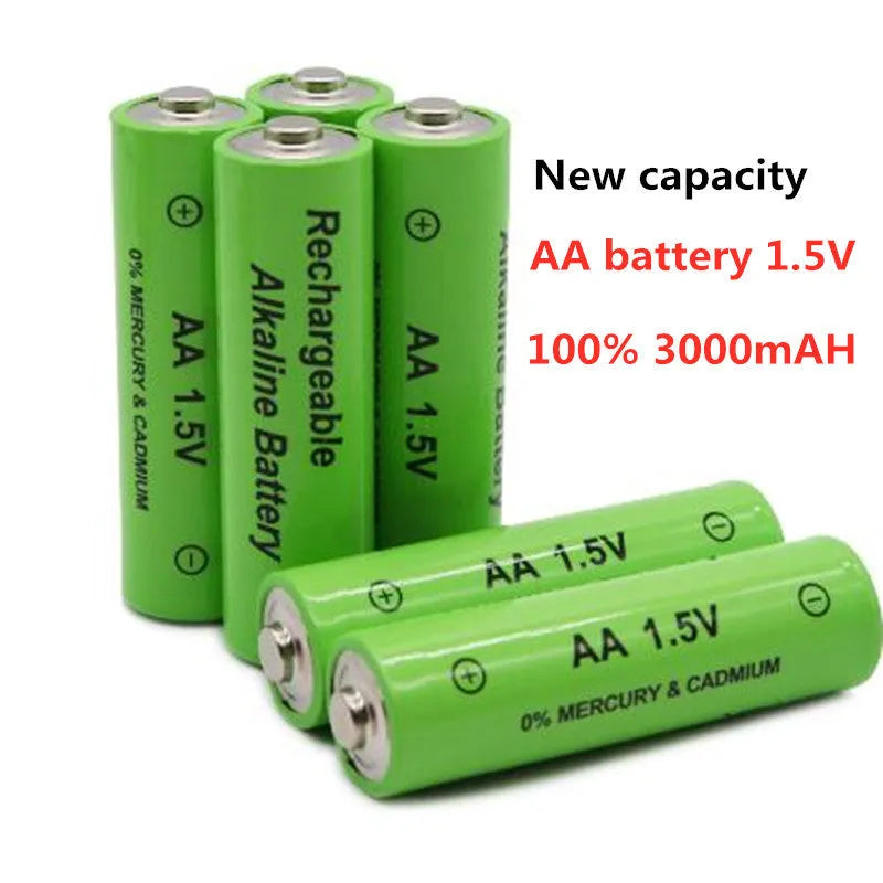 Alkaline rechargeable AA battery with 3000mAh capacity and 1.5V rating