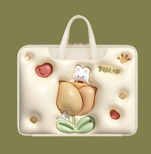 Inflatable PU leather laptop bag with hanging strap shown in a cute panda pattern design.