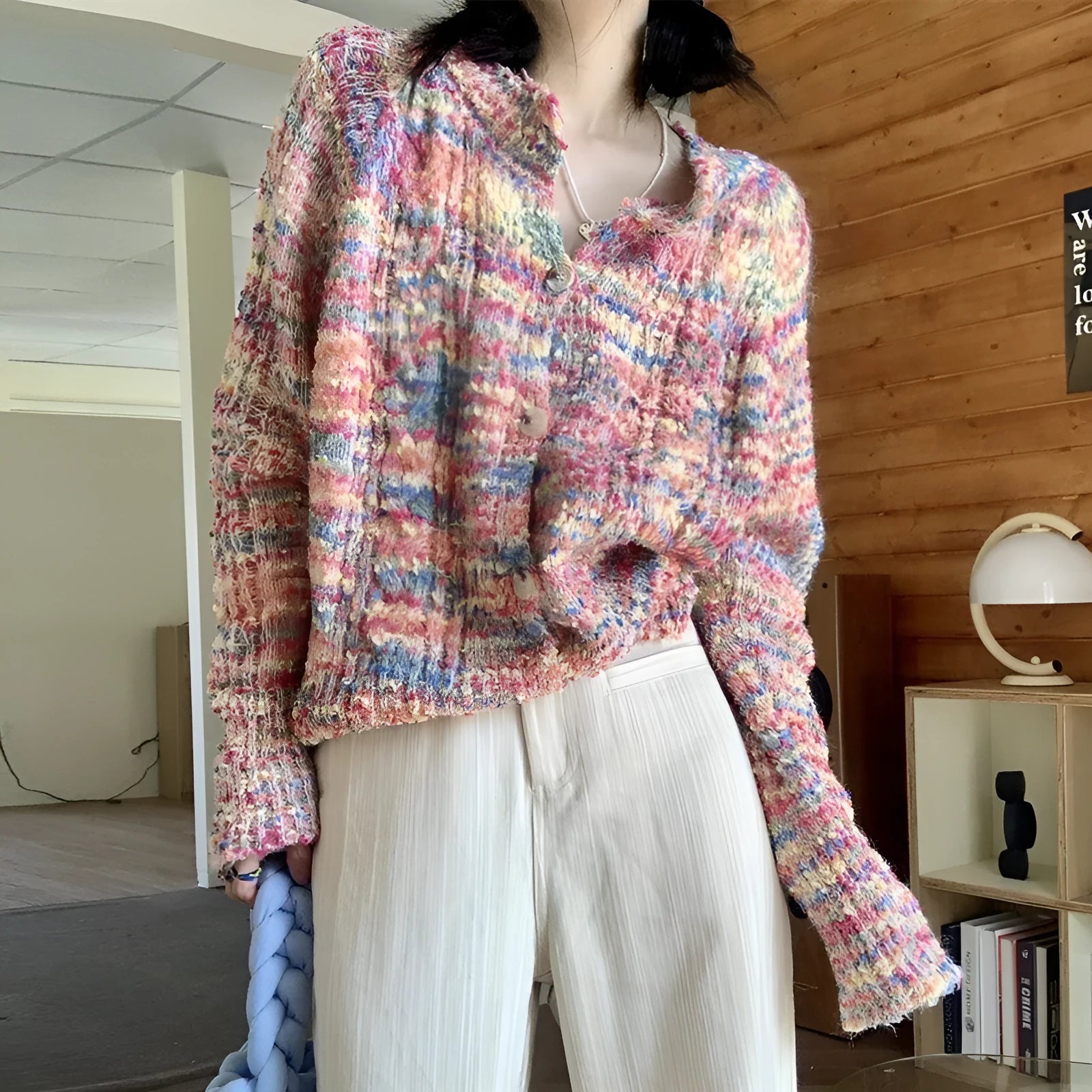 Retro slim fit knitted cardigan in pink or green acrylic fibre with regular sleeves