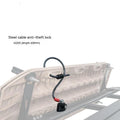 Roof platform steel cable lock with plastic sheath shown securing a ladder, highlighting no-punch installation.