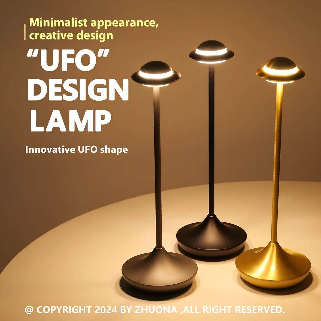 Metal UFO table lamp with rechargeable battery and touch dimming controls in gold finish