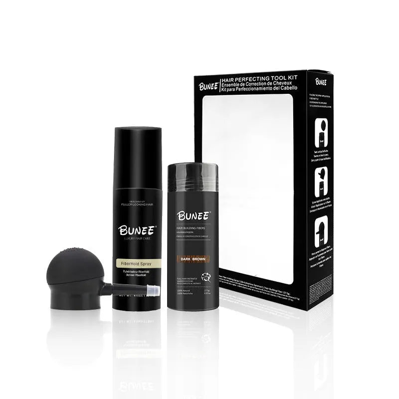 275g hair fibre powder canister, shaping spray bottle, and applicator nozzle for thickening sparse hair