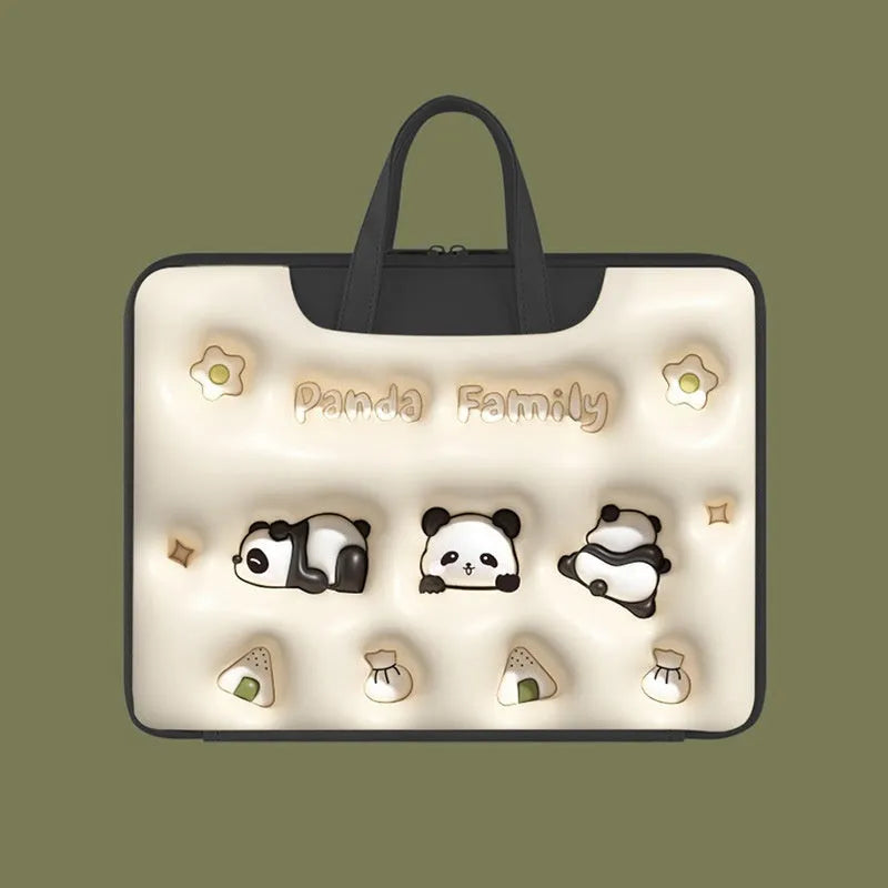 Inflatable PU leather laptop bag with hanging strap shown in a cute panda pattern design.