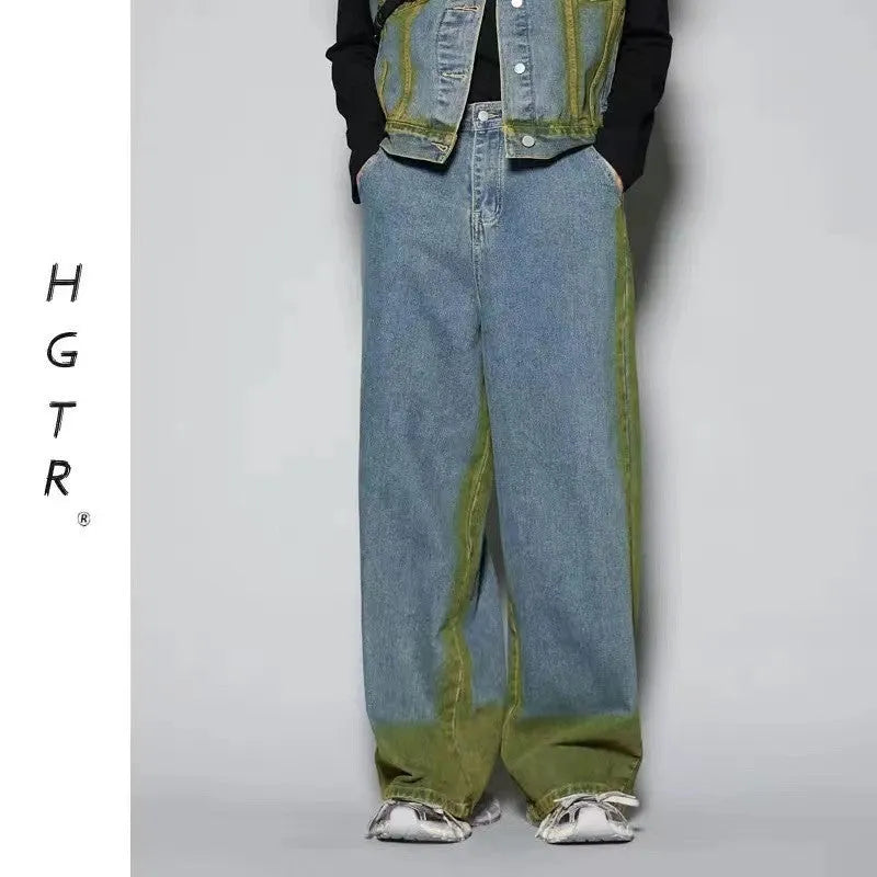 Blue distressed fleece-lined vest and jeans suit set on a hanger