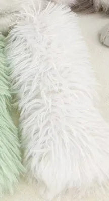 Soft plush cat toy pillow in blue, green, pink, or white, measuring 27cm by 10cm.