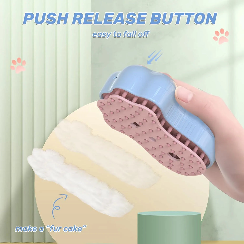 Blue self-cleaning pet steam brush with silicone bristles and spray function.