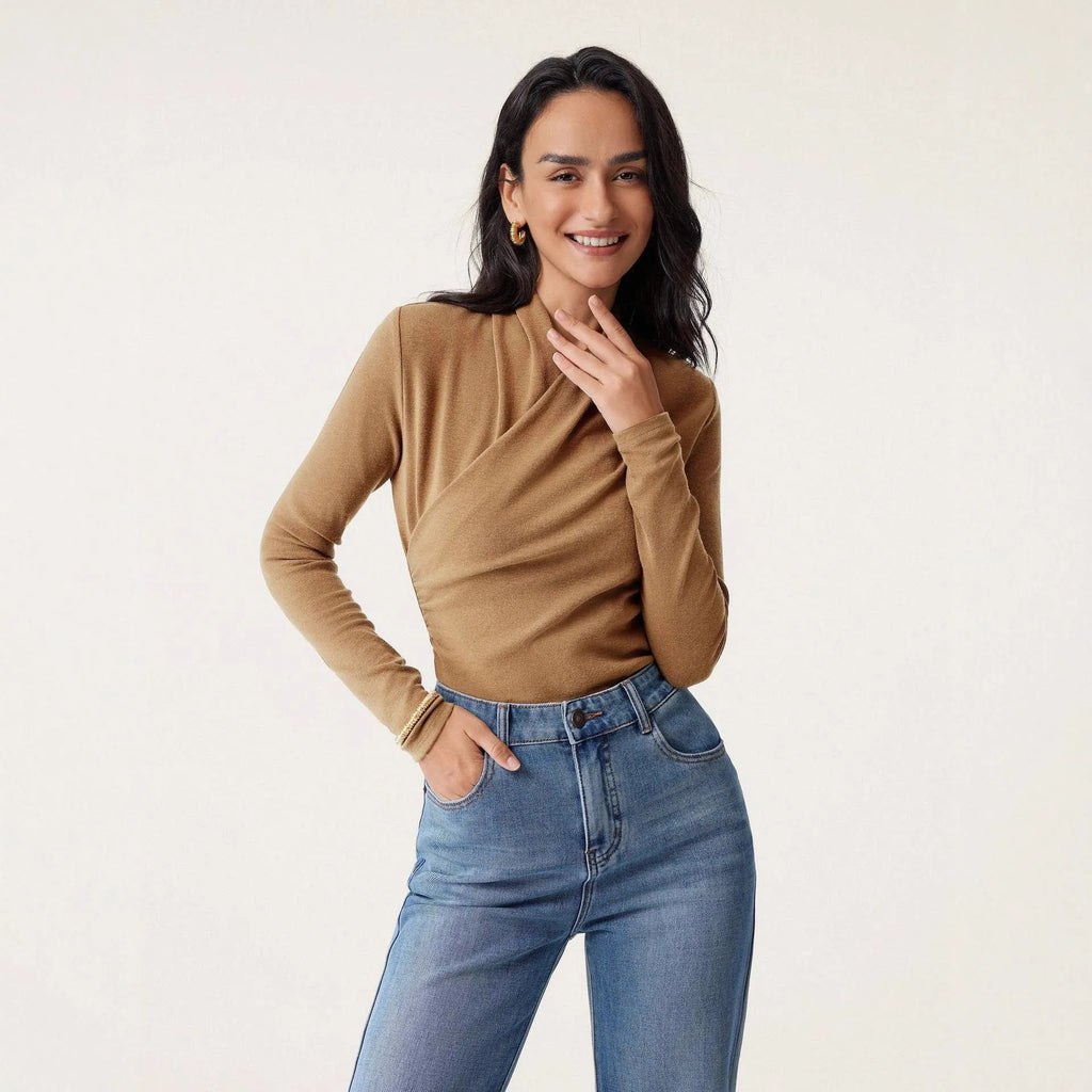 Women's slim fit camel pullover sweater with long sleeves on hanger