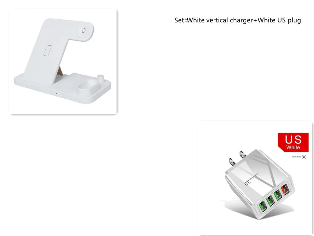 Black 4-in-1 wireless charging station showing phone, Apple Watch, AirPods, and Apple Pencil charging simultaneously.