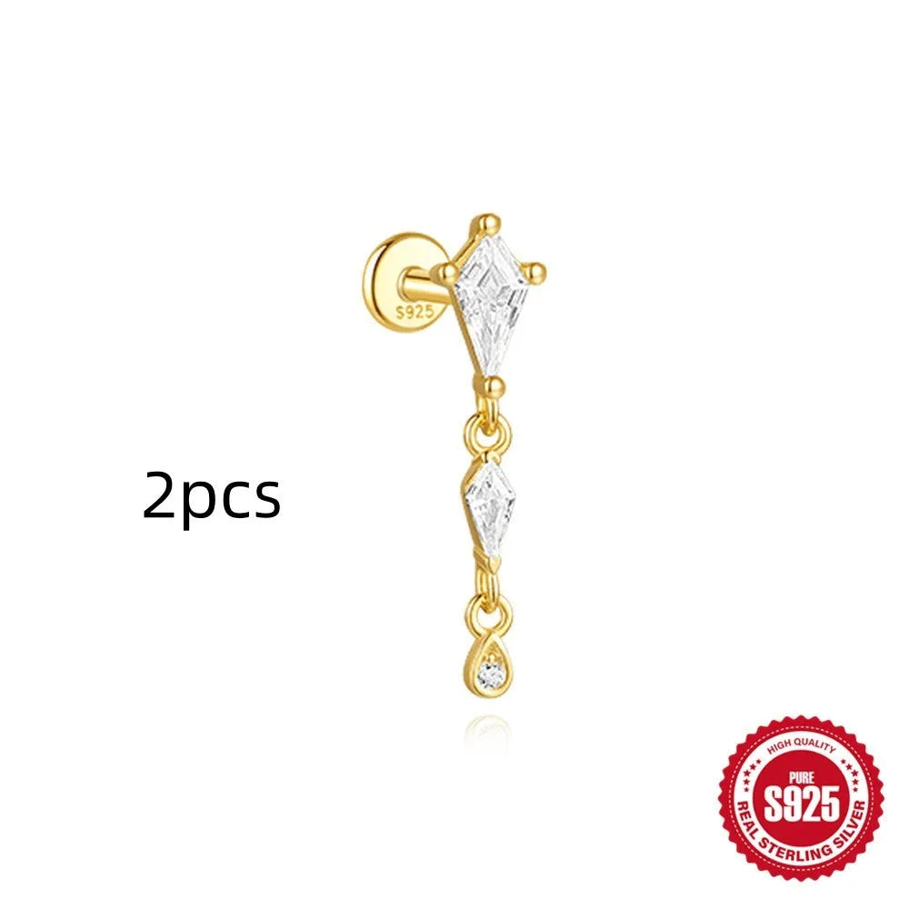 S925 sterling silver geometric kite-shaped earring with rhinestone chain tassel in a gold colour finish.