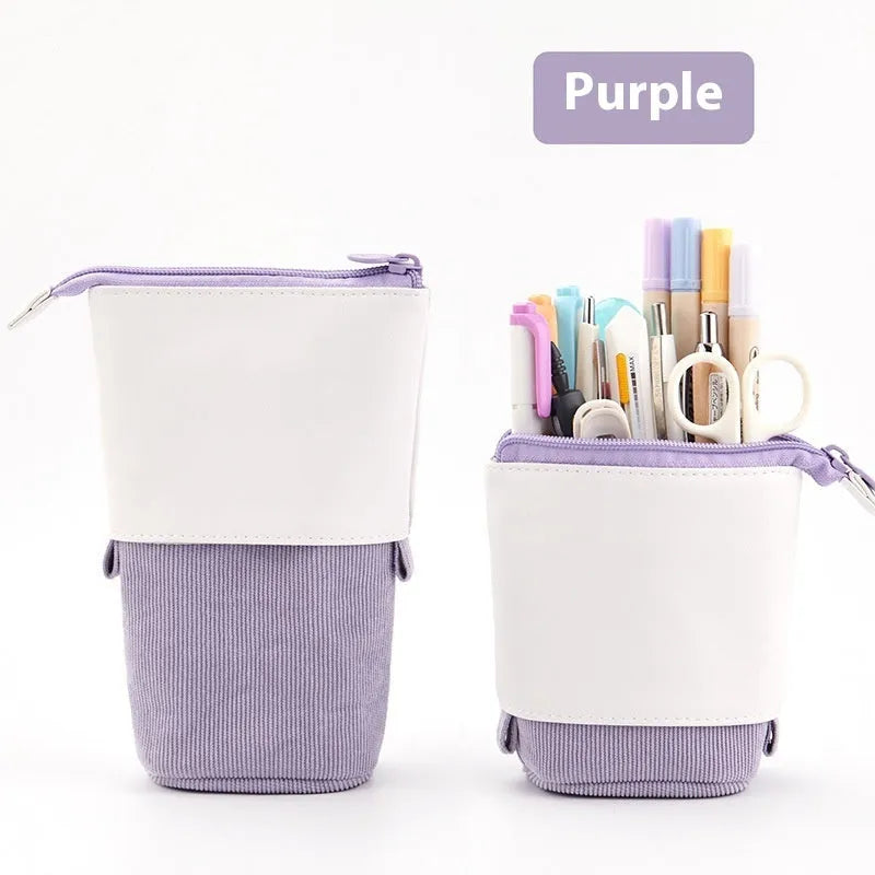 Korean style telescopic drop-down stationery case in six PU corduroy colour options