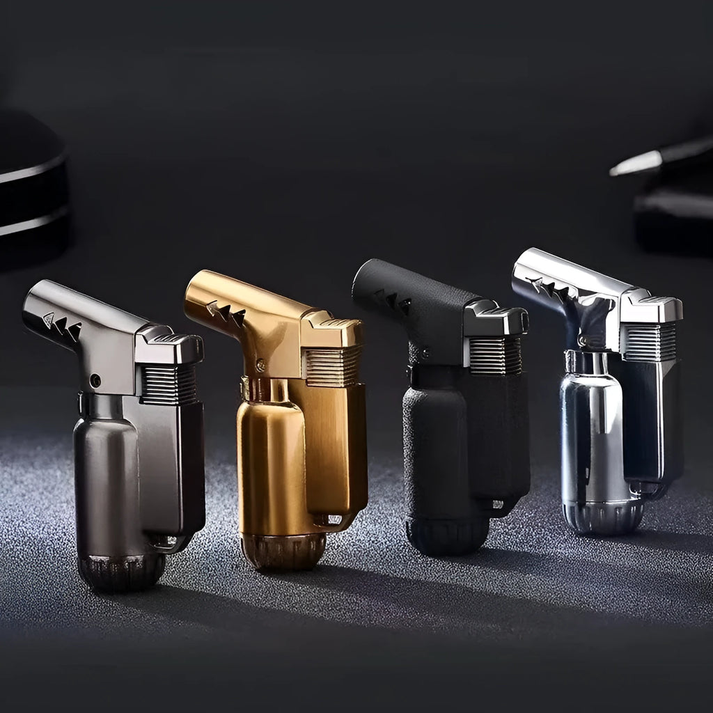 Full metal windproof punch lighter in black, gold, gray, or silver, showing its 72mm length.